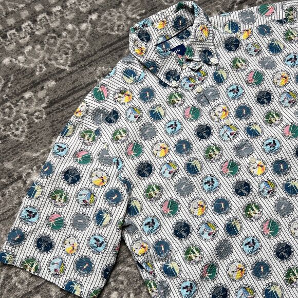 Eton Tennis Pattern Short Sleeve Seersucker Popover Shirt Mens Large Slim RARE - Picture 2 of 9